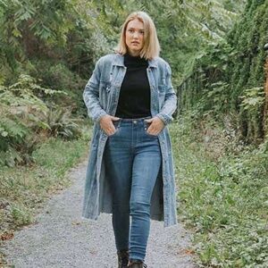 Tribal Jeans distressed duster length denim jacket.Size M. NWT.